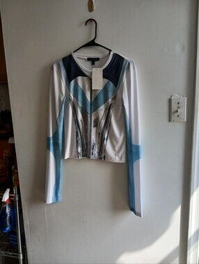 Versace Jeans Collection White Long Sleeve Tee with Light Blue & Navy Graphic